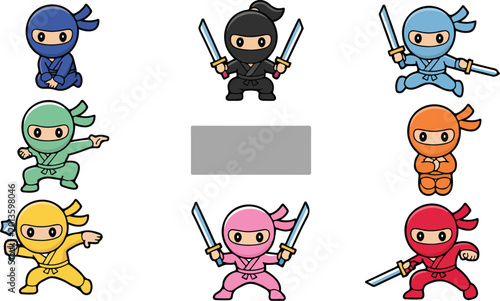 Foto Cute colorful ninja warrior character set featuring various cartoon assassins in