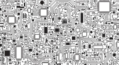 Detailed close-up abstract background of an intricate electronic circuit board with many components and pathways