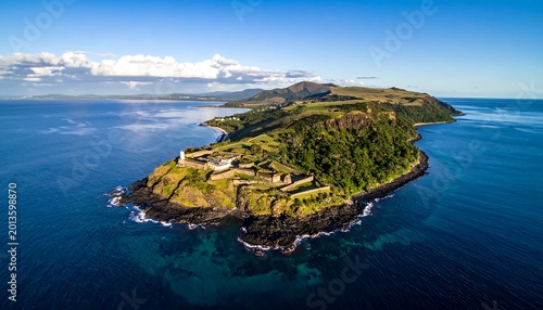 Coastal fortress on a green headland at sunrise