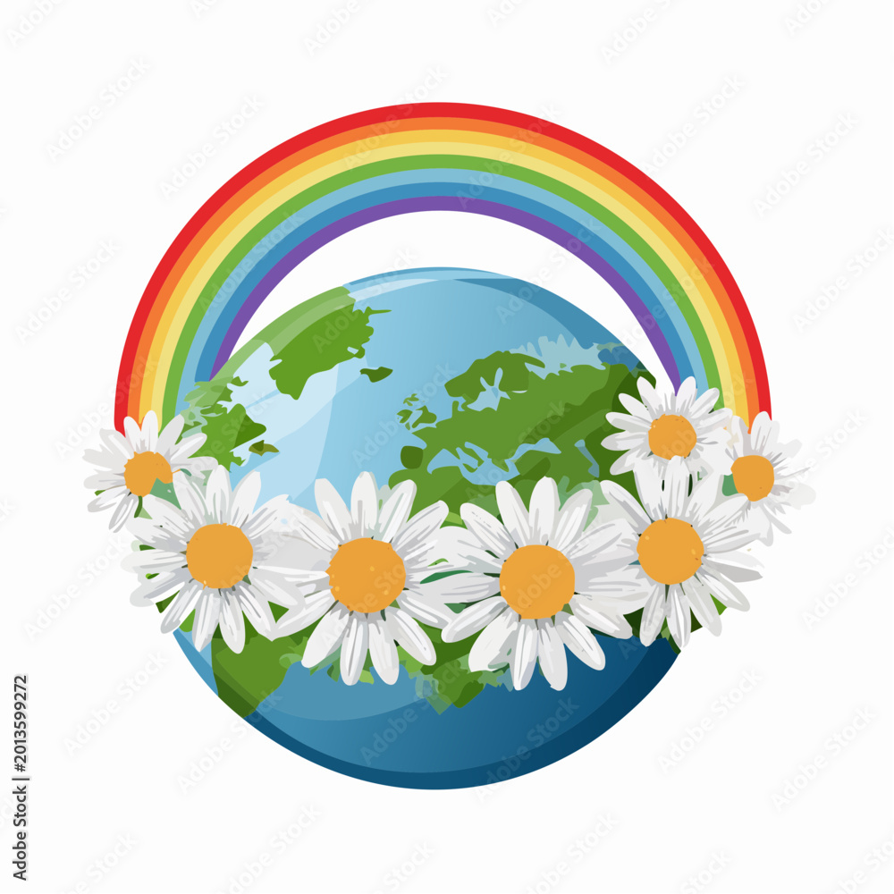 Naklejka premium Earth with Rainbow and Daisy Flowers