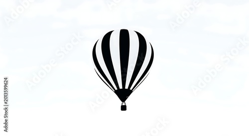 Minimalist hot air balloon with black and white stripes floating in a clear sky, perfect for travel and adventure themes