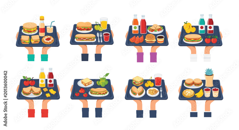 Fototapeta premium Top view of eight different sets of hands holding trays filled with diverse food items including sandwiches, burgers, fruit, and drinks.