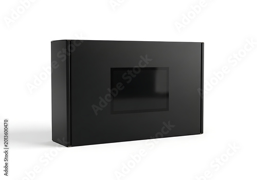 Isolated empty black cardboard box with window display for premium apparel packaging, retail branding, product mockup