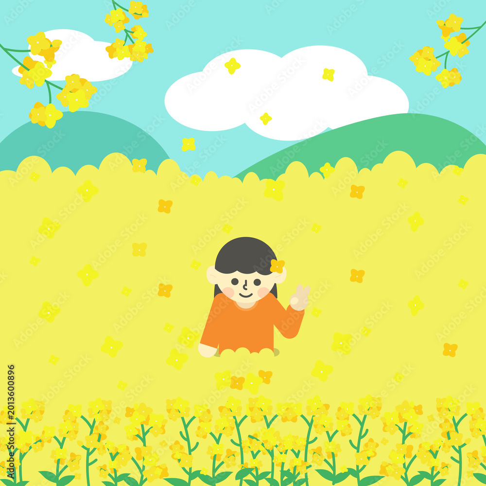 Naklejka premium Spring Canola Flower Field with Girl Illustration