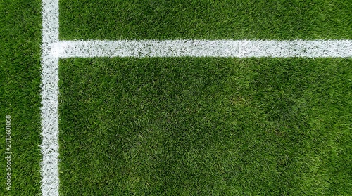 Down view of green soccer pitch grass with white painted boundary lines forming corner intersection for sports field texture and athletic background