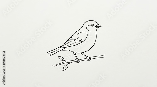 Minimalist line art bird illustration, hand drawn sparrow sketch on branch, simple black ink bird drawing for coloring or logo design