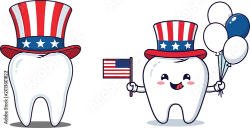 Valokuva American independence day patriotic tooth cartoon characters with uncle sam hats