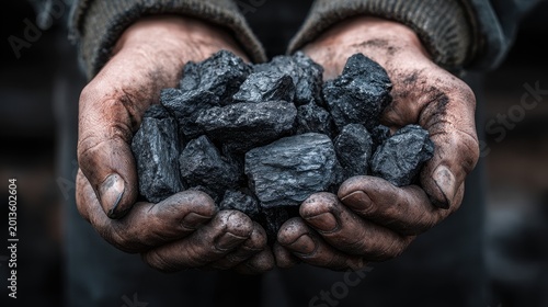 Obraz w ramie Coal miner holding raw coal in dirty hands