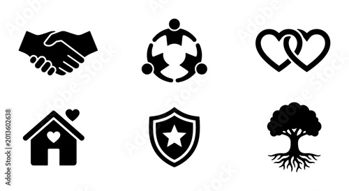 Set of 6 Black Vector Icons: Partnership, Community, Love, Home, Security, Family Tree, symbolizing connection, support, and belonging for diverse concepts.
