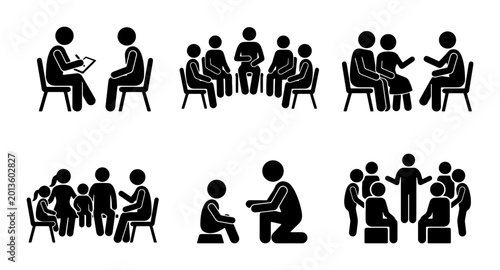 Stick Figure Group Therapy Sessions, Counseling Circles, Support Meetings, and Coaching Interactions Vector Icons