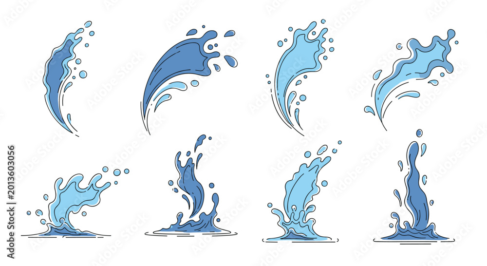 Fototapeta premium Diverse set of blue water splash icons showing different shapes of waves and liquid droplets for graphic design and motion elements.