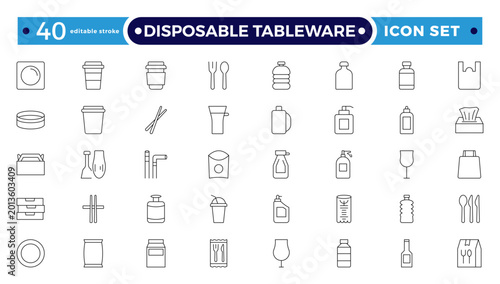Disposable Tableware outline Icon Set with Cups, Plates, Cutlery, Containers, and Packaging Symbols for Catering, Food Delivery, Recycling, and Eco-Friendly Usage. Editable stroke outline icon.
