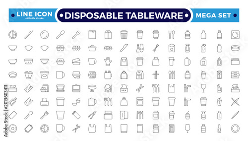 Disposable Tableware outline Icon Set with Cups, Plates, Cutlery, Containers, and Packaging Symbols for Catering, Food Delivery, Recycling, and Eco-Friendly Usage. Editable stroke outline icon.
