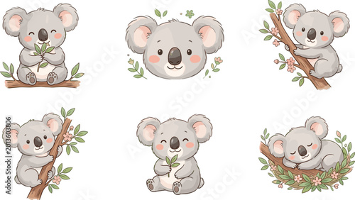 Canvas Print Charming Cartoon Koalas with Leaves, Branches, and Playful Poses in a Soft and C