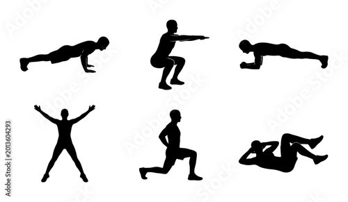 Photos Fitness Silhouette Set, Six Exercise Poses Vector Collection, Healthy Lifestyle
