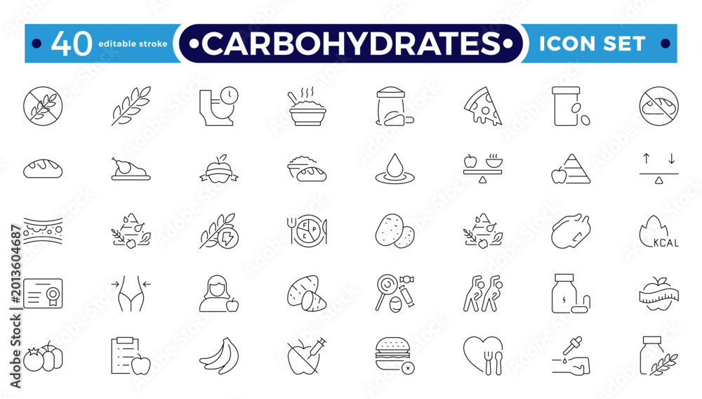 Carbohydrates outline icon set. Nutrition and food pyramid icon set ...