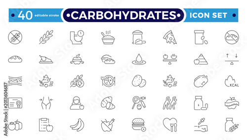 Carbohydrates outline icon set. Nutrition and food pyramid icon set. Featuring plate, calorie, protein, carbs, fiber, vitamins, and portion. Perfect for health apps. Editable stroke outline icon.
