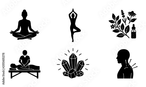 Fotografie Holistic Wellness Icons: Yoga, Meditation, Aromatherapy, Massage, Crystals, Acup