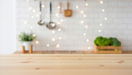 Empty wooden kitchen table in blurred modern white interior background with bokeh fairy lights