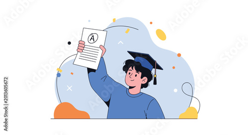 Joyful graduate student in a blue gown and cap holding up a paper with an A grade to celebrate academic success.