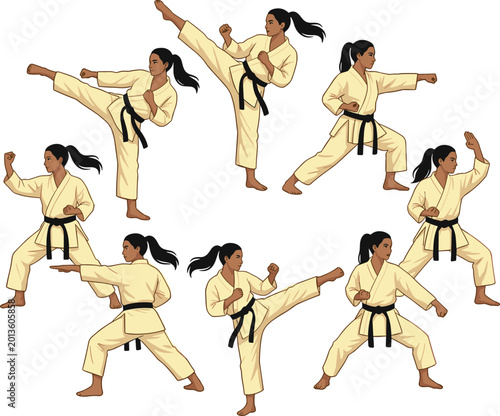 Fotografie Martial Arts Karate Moves by Female Black Belt in Various Poses with Kicks, Punc