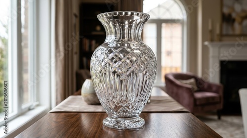 Elegant crystal glass vase with intricate diamond cut patterns, luxury home decor centerpiece on wooden table, sophisticated interior design