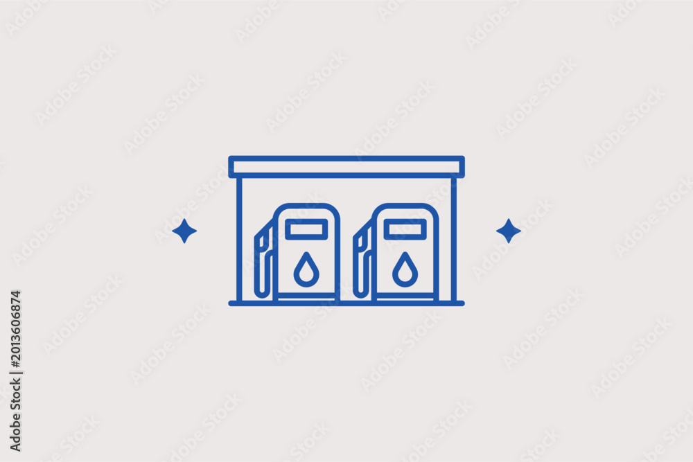 Obraz premium Gas station canopy line icon for fuel pump areas and roadside architecture. Clean vector illustration for architectural portfolios and station design layouts.
