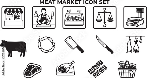 Foto Meat market icon set with store and butchery tools.