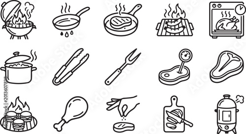 Photos Set of grilling and cooking utensils line icons showing various methods of preparing meat dishes