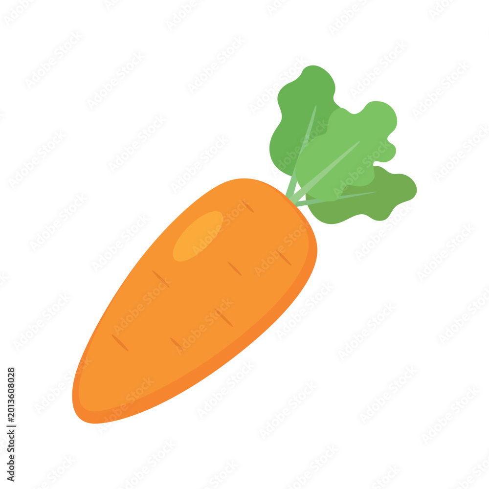 Obraz premium Vibrant Organic Carrot Flat Vector Illustration – Minimalist Fresh Orange Vegetable with Green Leaves Isolated on White Background for Healthy Eating, Vegan Recipes, Modern Food Graphic Design Project