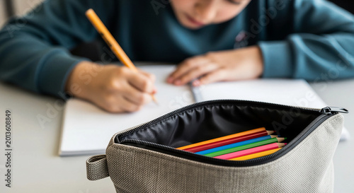 Close-up of pencil case with zippers open symbolizing learning