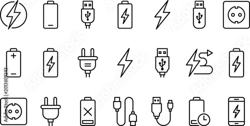 Bild auf Leinwand Black and white vector icons of battery charging, plugs, cables, and energy symbols for power, electronics, and mobile device charging concepts