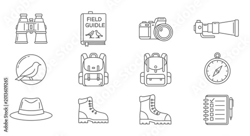 Fotografie Birdwatching Icons: Binoculars, Camera, Field Guide, Backpack, Hat, Boots, Compa
