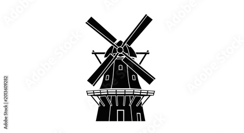 Black and White Silhouette of a Dutch Windmill on White Background