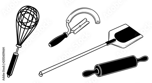 Obraz na płótnie Baking Utensils Collection: Whisk, Dough Scraper, Pizza Peel, Rolling Pin