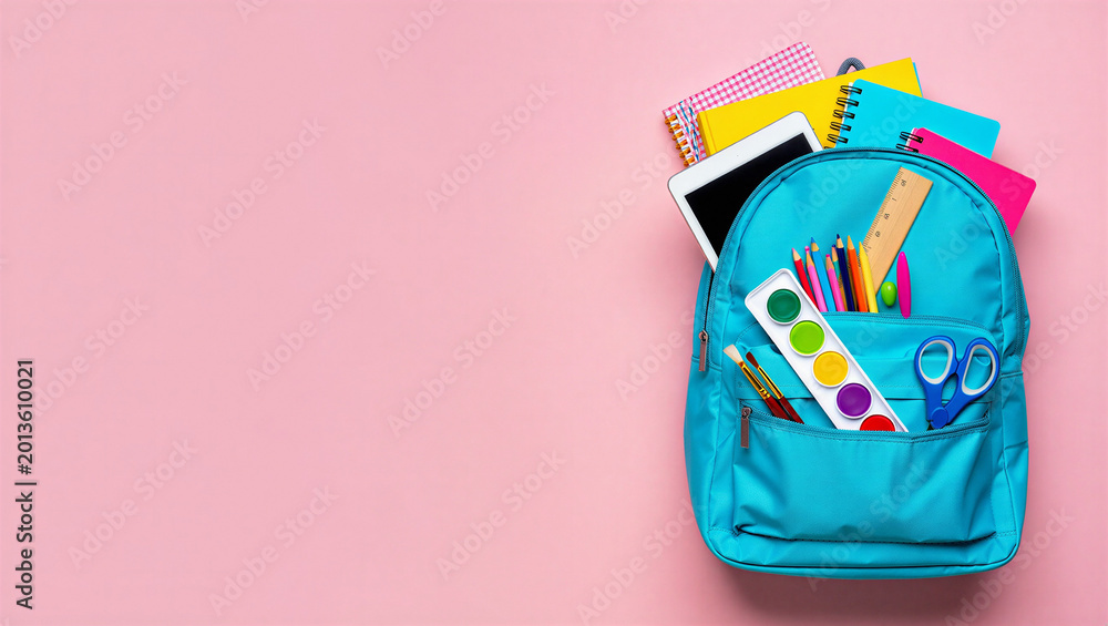 Naklejka premium Turquoise school bag loaded with study materials on a pink surface top down back to school