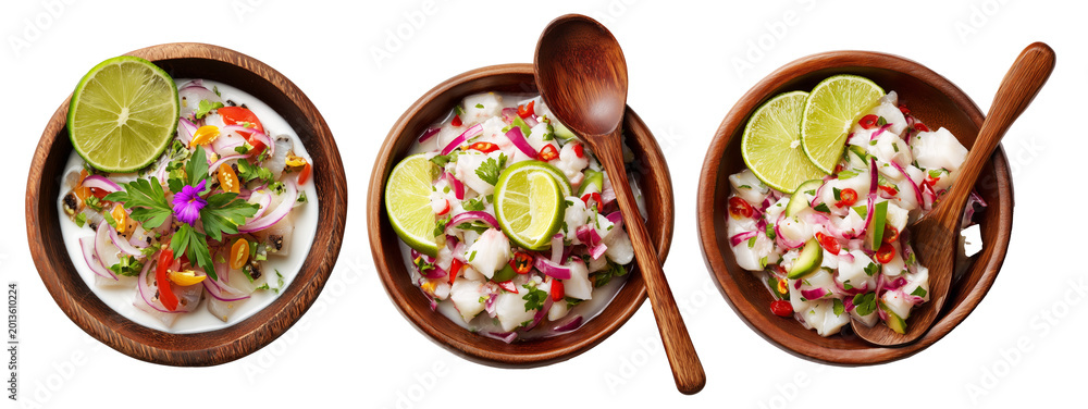 Fototapeta premium Kokoda seafood ceviche with lime and coconut milk served in wooden bowl isolated on white background, concept of Fijian cuisine