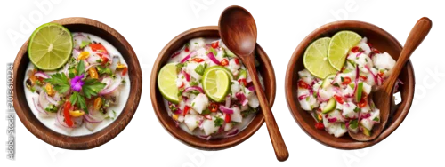 Panel kuchenny z motywem Kokoda seafood ceviche with lime and coconut milk served in wooden bowl isolated on white background, concept of Fijian cuisine