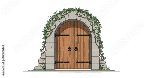 Enchanting stone archway featuring a heavy wooden double door and covered in lush green climbing ivy or vines.