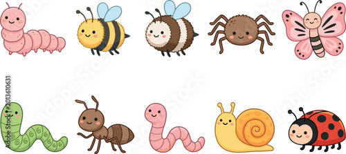 Fotografía Adorable Insect and Bug Character Set Featuring Ladybugs, Worms, Bees, Snails, a