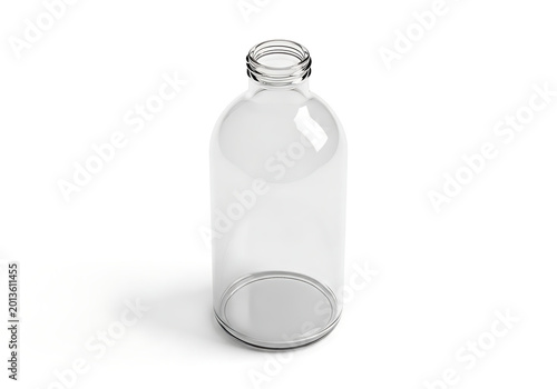 Isolated empty clear glass bottle with wide neck for pharmaceutical medicine, laboratory liquid storage, chemical supply, mockup