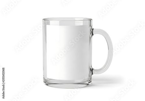 Isolated empty clear glass mug with handle, transparent drinking vessel for hot beverages, coffee or tea template design