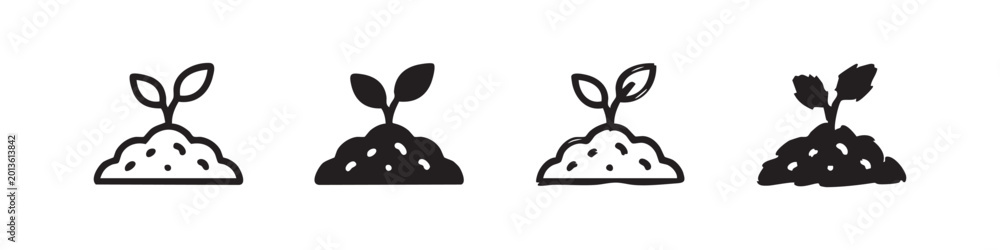 Fototapeta premium Sprout in soil icons in different styles, black and white