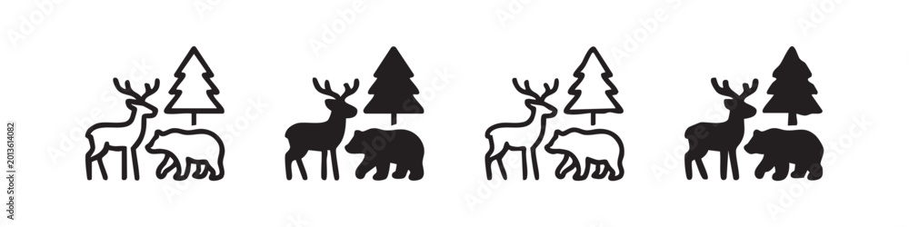 Obraz premium Set of forest animals icons: deer, bear, tree, line art and solid fill