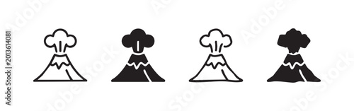 Tableau sur toile Set of volcano icons with erupting smoke, line art and solid fill