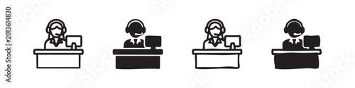 Billede på lærred Call center agent with headset and computer icons set