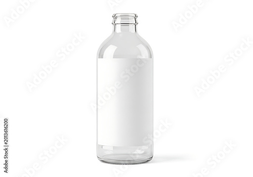 Isolated empty glass bottle with blank white label for branding mockup, packaging design, cosmetic serum or beverage container