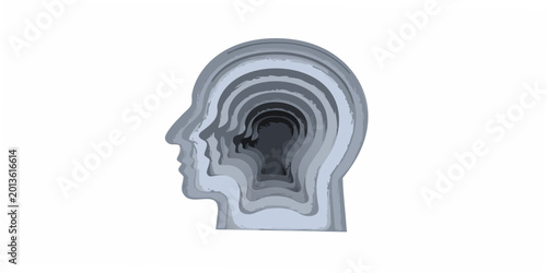Konstfotografi Layered human head profile paper cutout style on white background
