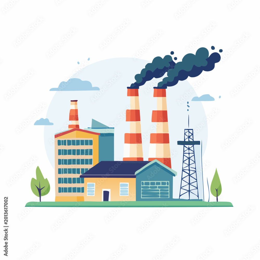 Obraz premium Industrial Factory with Smoke Stacks and Power Line