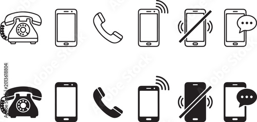 Mobile phone icons, communication symbols, smartphone graphics, black and white vector set